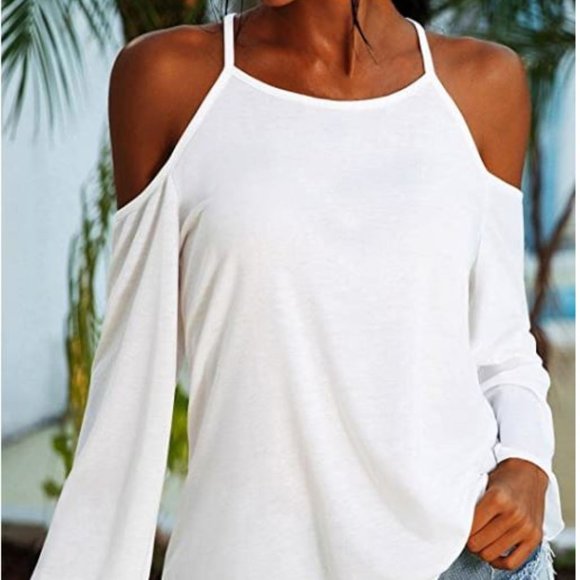 NWOT Cold shoulder top open back tunic blouse Medium bell sleeves olive green - Picture 3 of 3